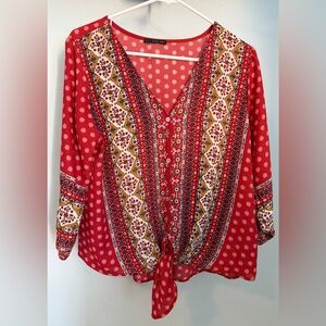 West Kei Red Boho Tie-Front Peasant Blouse with Ivory & Mustard Accents